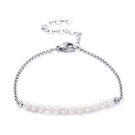 Natural Pearl Beaded Bracelets, with 304 Stainless Steel Rolo Chains and Lobster Claw Clasps
