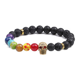 Colorful Beaded Bracelet Set with Skull Charm and Volcanic Stone - Mix of European and American Style