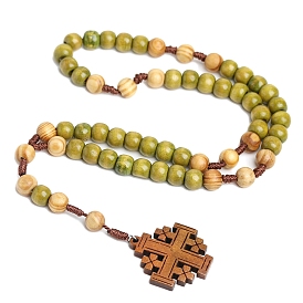 Wood Pendant Necklaces,  Jerusalem Cross Rosary Bead Necklaces