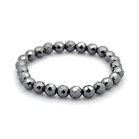 Magnetic Hematite Faceted Round Beads Stretch Bracelets for Valentine's Day Gift, 55mm