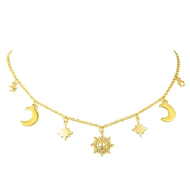 Moon & Star & Sun Brass Pendant Necklaces, 304 Stainless Steel Cable Chain Necklaces