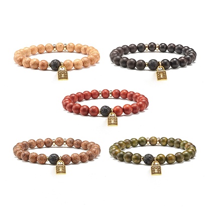 Padlock Charm Bracelet for Girl Women, Natural Lava Rock & Wood & Non-magnetic Synthetic Hematite Round Beads Oil Diffuser Stretch Bracelet, Golden