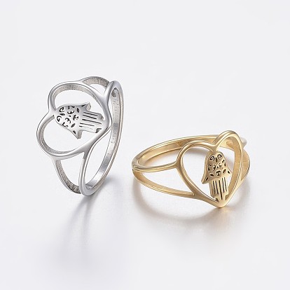 304 anillos de acero inoxidable, anillos de banda ancha, hueco, corazón con hamsa mano / mano de fatima / mano de miriam