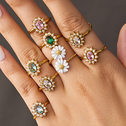 316L Stainless Steel Micro Pave Cubic Zirconia Cuff Open Rings for Women, Flower, with Glass