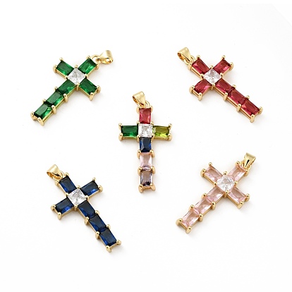 Rack Plating Brass Micro Pave Cubic Zirconia Pendants, Long-Lasting Plated, Lead Free & Cadmium Free, Cross, Real 18K Gold Plated, Religion