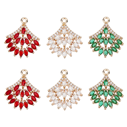 6Pcs 3 Colors Brass Micro Pave Cubic Zirconia Pendants, Light Gold, Long-Lasting Plated, Fan