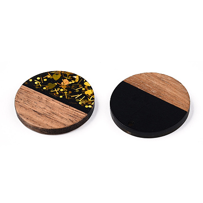 Opaque Resin & Walnut Wood Pendants, Flat Round Charms with Paillettes