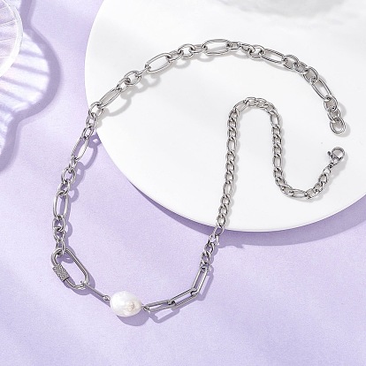 304 ожерелья из нержавеющей стали с цепочкой Фигаро и цепочкой-скрепкой, с натуральными бусинами из жемчуга кеши и 304 карабинами с винтовым замком из нержавеющей стали, белые