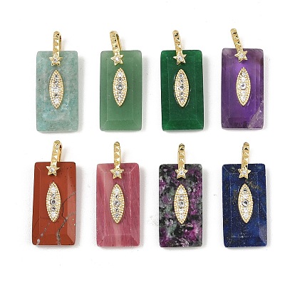 Natural Gemstone Faceted Pendants, Rectangle Charms with Brass Micro Pave Clear Cubic Zirconia Findings, Real 18K Gold Plated, Cadmium Free & Lead Free, Rack Plating, Long-Lasting Plated