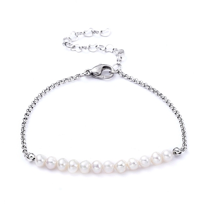 Natural Pearl Beaded Bracelets, with 304 Stainless Steel Rolo Chains and Lobster Claw Clasps