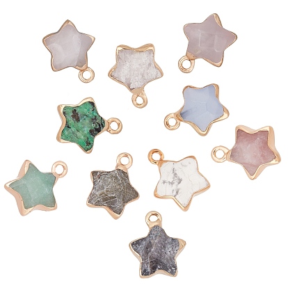 10pcs 10 Farben natürlicher Edelsteinanhänger, mit leicht vergoldeter Kante und Messingschlaufe, Stern, facettiert