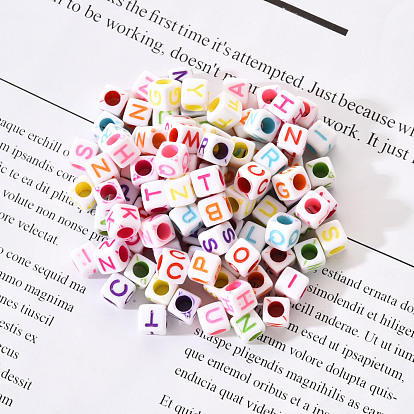 White Opaque Acrylic Beads, Cube with Mixed Color Letters