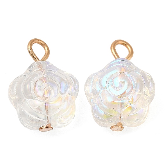 Glass Pendants, with Light Gold Brass Loops, Flower Charms