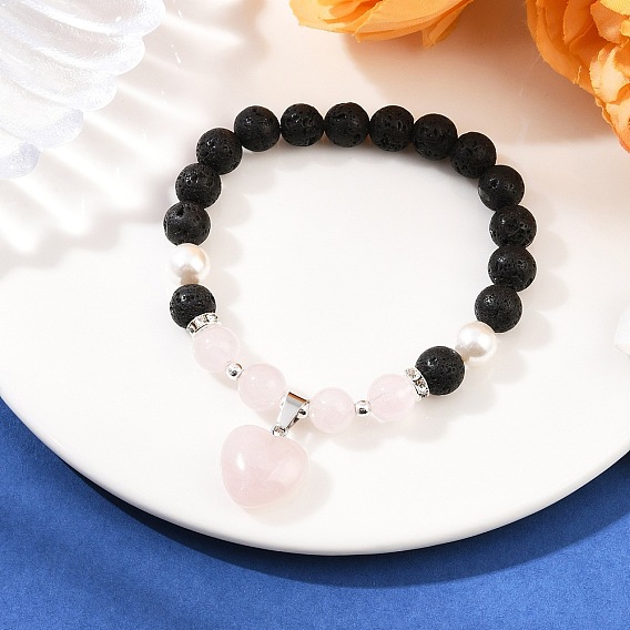 Браслеты с подвесками в виде сердечек из натуральных драгоценных камней, эластичные браслеты из натуральных бусин из лавы для женщин