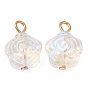 Glass Pendants, with Light Gold Brass Loops, Flower Charms