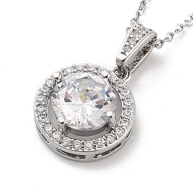 201 Stainless Steel Cable Chain Necklaces, Brass Clear Cubic Zirconia Flat Round Pendant Necklaces