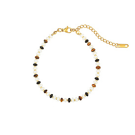 Natural Tiger Eye Beaded Bracelets, with Stainless Steel Clasps
