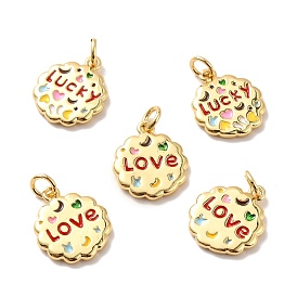 Rack Plating Brass Micro Pave Cubic Zirconia Pendants, Cadmium Free & Lead Free & Nickle Free, with Enamel and Jump Ring, Flat Round with Word LOVE or LUCKY