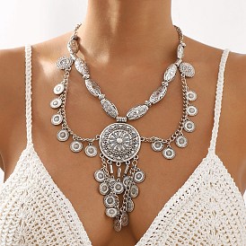 Tibetan Style Alloy Flat Round Bib Necklaces, with Lobster Claw Clasps