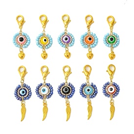 Flat Round with Evil Eye Resin & Glass Seed Pendant Decorations, Alloy Charm for Bag Key Ornaments, Mixed Color