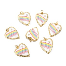 Brass Micro Pave Clear Cubic Zirconia Pendants, with Enamel and Jump Rings, Heart with Rainbow