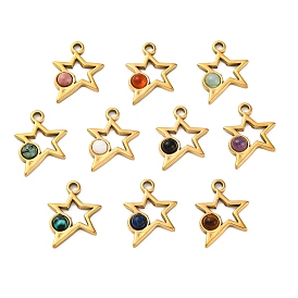 Natural Mixed Stone Pendants, Ion Plating(IP) 304 Stainless Steel Star Charms, Real 18K Gold Plated, Mixed Dyed and Undyed