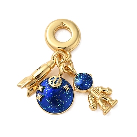 Rack Plating Brass Blue Enamel European Dangle Charms, Rocket & Planet & Spaceman Large Hole Pendants, Cadmium Free & Lead Free, Long-Lasting Plated