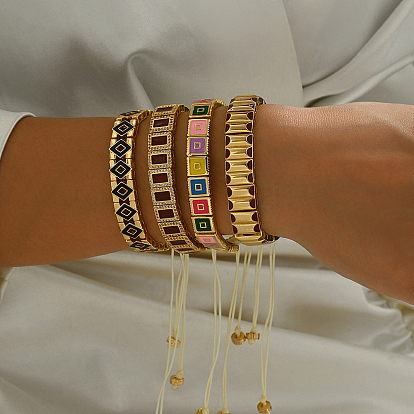 Плетеные браслеты из бисера из латуни и эмали в романском стиле, регулируемые браслеты из нейлонового шнура для женщин, прямоугольные