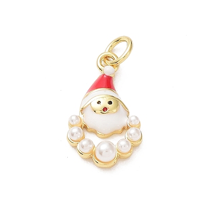 Christmas Rack Plating Brass Enamel Pendants, with Plastic Imitation Pearl and Jump Ring, Cadmium Free & Lead Free, Santa Claus Charm, Real 18K Gold Plated