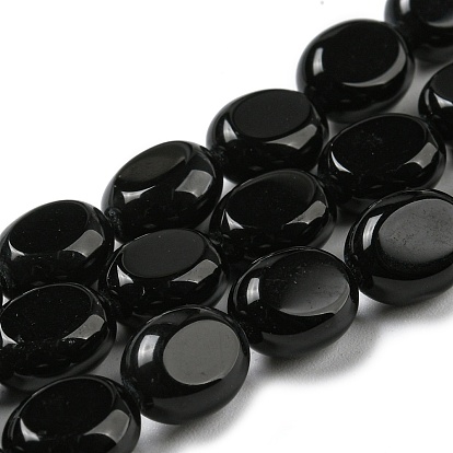 Natural Black Onyx Beads Strands, Flat Oval