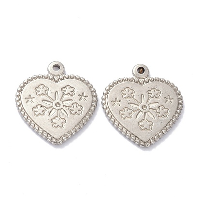 304 Stainless Steel Pendants Rhinestone Settings, Heart with Flower Pattern