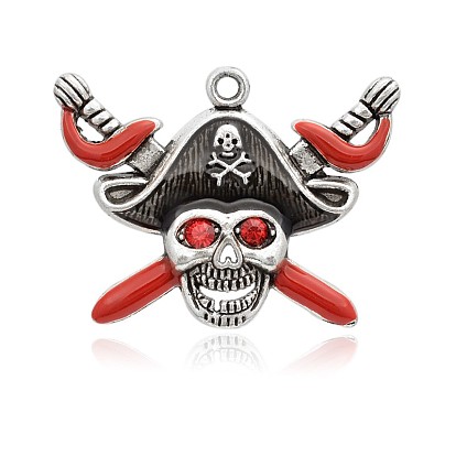 Pirate Style Skull Antique Silver Plated Alloy Enamel Rhinestone Pendants, 34x45x6mm, Hole: 2.5mm