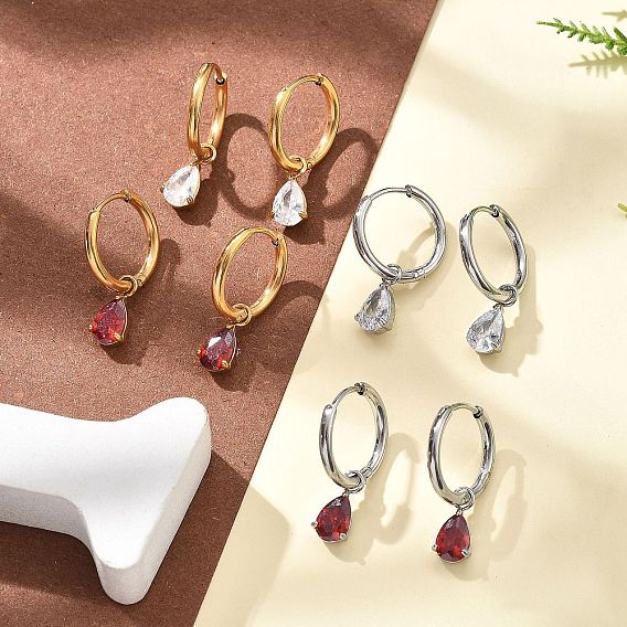 Ионное покрытие (ip) 304 серьги-кольца из нержавеющей стали с микропаве из кубического циркония, слеза