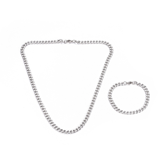 304 Stainless Steel Curb Chain Jewelry Sets, Bracelets & Necklaces, with Lobster Claw Clasps