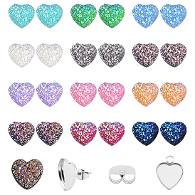 DIY Stainless Steel Pendant & Stud Earring Making Kits, include Heart Pendant & Stud Earring Cabochon Settings, Resin Textured Cabochons
