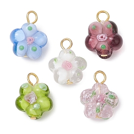 5Pcs Handmade Lampwork Pendants, with Golden Tone Iron Loops, Flower