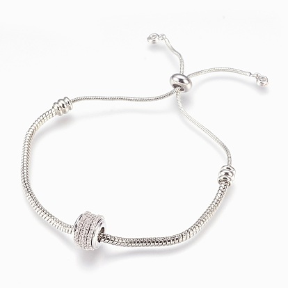 Adjustable Brass Bolo Bracelets, Slider Bracelets, with Micro Pave Cubic Zirconia, Lead Free & Cadmium Free & Nickel Free, Long-Lasting Plated