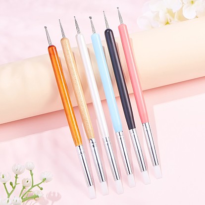 Double Different Head Nail Art Dotting & Sculpture Tools, UV Gel Nail Brush Pens, Wood Handle, Silicone & Stainless Steel Pen Point