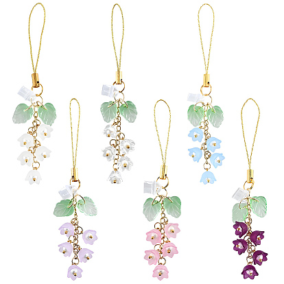 6шт. 6 цветные акриловые и стеклянные ремешки для мобильных телефонов, цветок, с пылезащитными заглушками из ПВХ, золотые