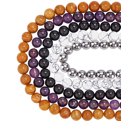 125 шт. 5 стили: синтетический хаулит, магнитный гематит, натуральный аметист, обсидиан, тигровая яшма, круглые бусины, смешанные окрашенные и неокрашенные