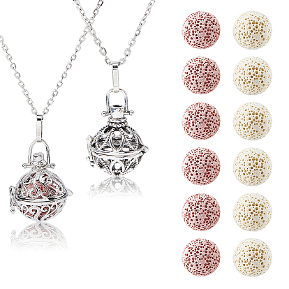 2 сумки 2 стили наборы для самостоятельного изготовления латунных ожерелий, включая кабельную цепь, кулон и помпон, с 12шт 2 бусинами из натуральной лавы разных цветов