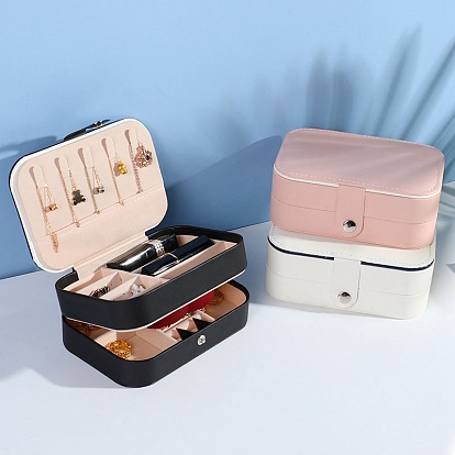 Ящик для хранения из искусственной кожи для женщин, Прямоугольный портативный футляр для ювелирных изделий-органайзер для серег, колец, ожерелий, с кнопкой и зеркалом