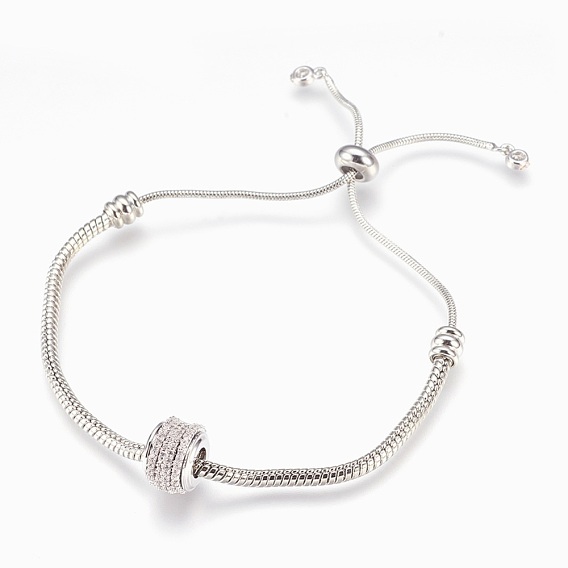 Adjustable Brass Bolo Bracelets, Slider Bracelets, with Micro Pave Cubic Zirconia, Lead Free & Cadmium Free & Nickel Free, Long-Lasting Plated