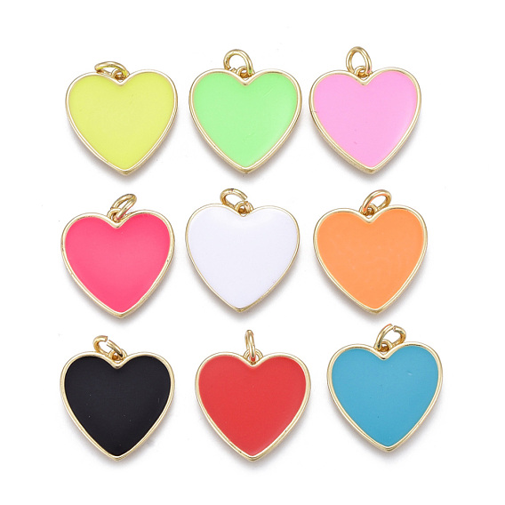 Brass Enamel Pendants, with Jump Rings, Long-Lasting Plated, Real 18K Gold Plated, Heart