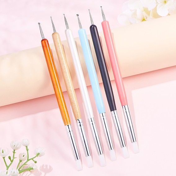 Double Different Head Nail Art Dotting & Sculpture Tools, UV Gel Nail Brush Pens, Wood Handle, Silicone & Stainless Steel Pen Point