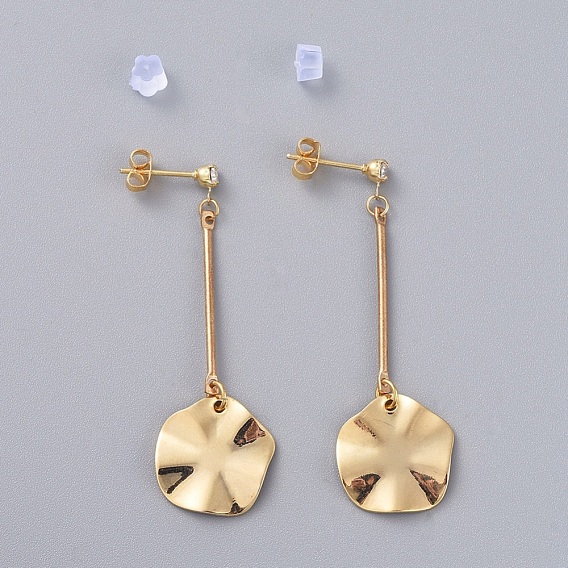 Brass Dangle Stud Earrings, with Cubic Zirconia, Iron Bar Links, Brass Stud Earring Findings, Brass & Plastic Ear Nuts, Flat Round