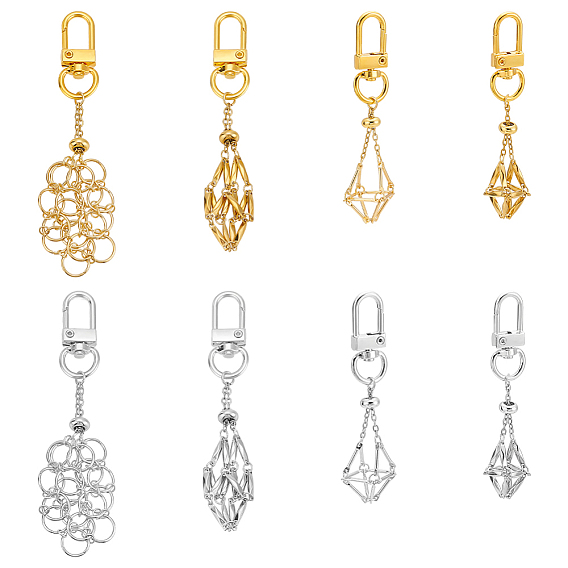 8Pcs 8 Styles 304 Stainless Steel Empty Stone Holder Chain Pouch Pendant Decorations, with Alloy Swivel Clasps