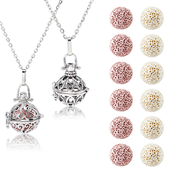 2 сумки 2 стили наборы для самостоятельного изготовления латунных ожерелий, включая кабельную цепь, кулон и помпон, с 12шт 2 бусинами из натуральной лавы разных цветов