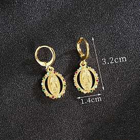 Латунные серьги горный хрусталь обручем, овальные с рисунками " virgin mary", золотые