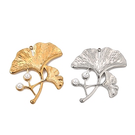 304 en acier inoxydable gros pendentifs, avec la perle en plastique, charmes de feuille de ginkgo